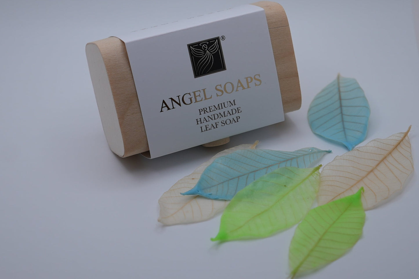 Angel leaves soap with a 'Angel Soaps' label and decorative leaves
