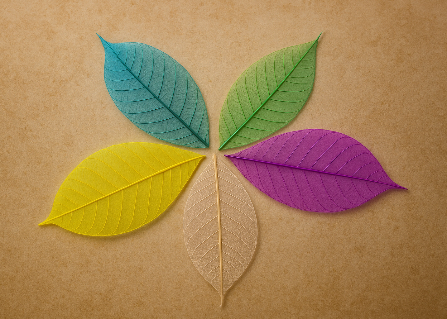 Five colored leaves arranged