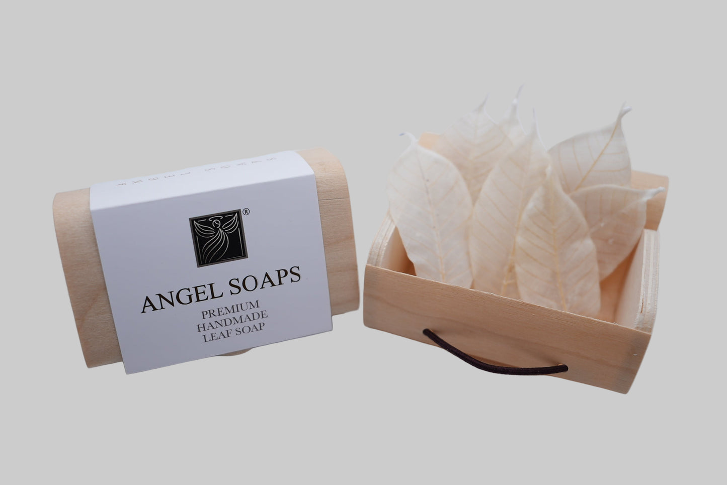 Angel Soaps leaf soap with packaging on a white background