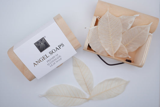 leaf soap of Angel Soaps soap with a box of pressed leaves 
